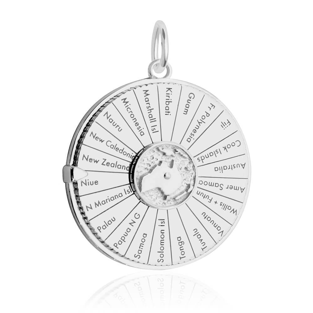Sterling Silver circular spinner charm featuring engraved names of Pacific islands including Fiji, New Zealand, Samoa, and Papua New Guinea.