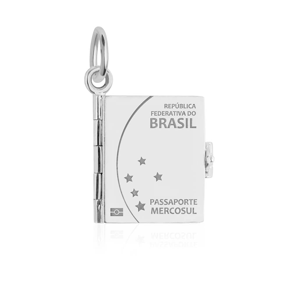 Silver Brazil passport book charm by Jet Set Candy, showcasing engraved travel elements on a white background.