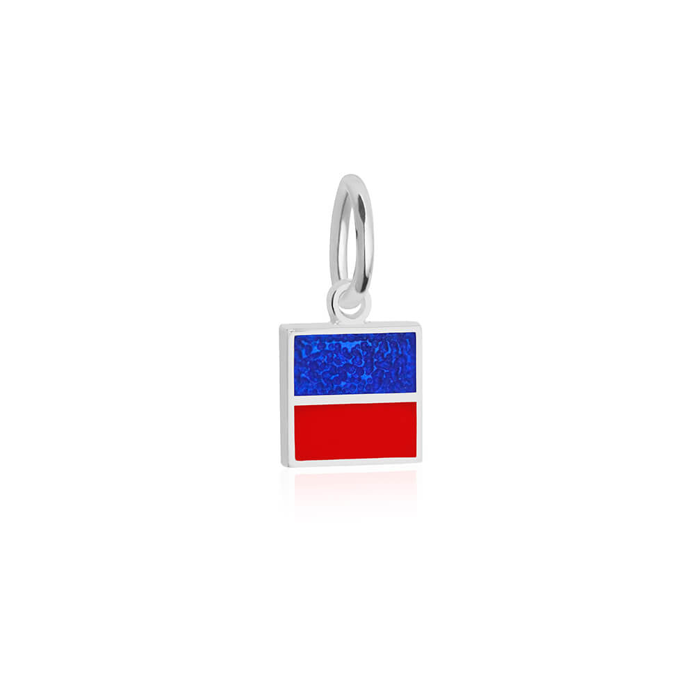 Sterling silver mini Nautical "E" letter flag charm by Jet Set Candy, featuring blue and red enamel detailing on a white background.