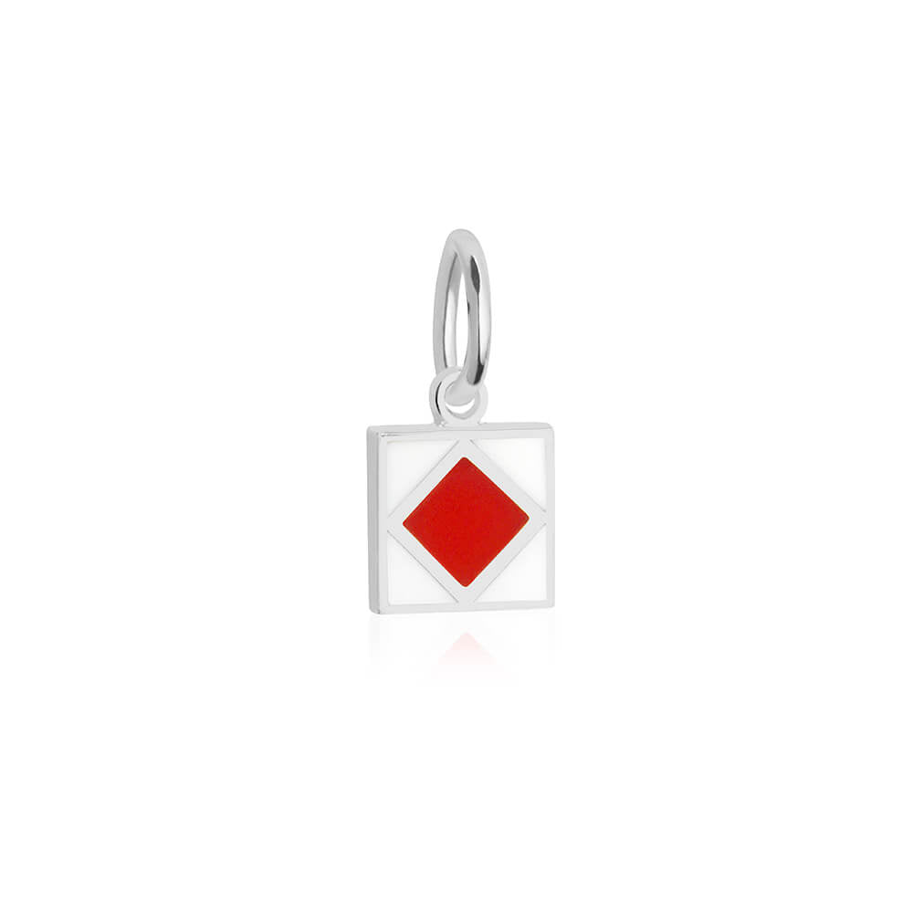 Sterling silver mini Nautical "F" letter flag charm by Jet Set Candy, showcasing red and white enamel detailing on a white background.