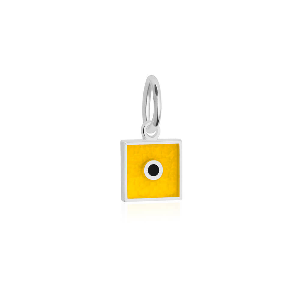 Sterling silver mini Nautical "I" letter flag charm by Jet Set Candy, with yellow and black enamel details on a white background.