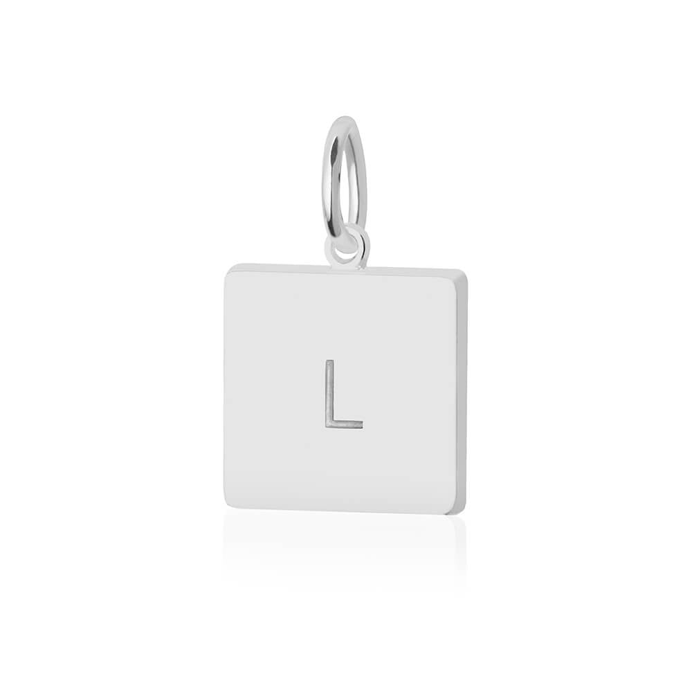 Sterling Silver Charm featuring a square tag shape with a minimalist sans-serif letter L engraved in the center.
