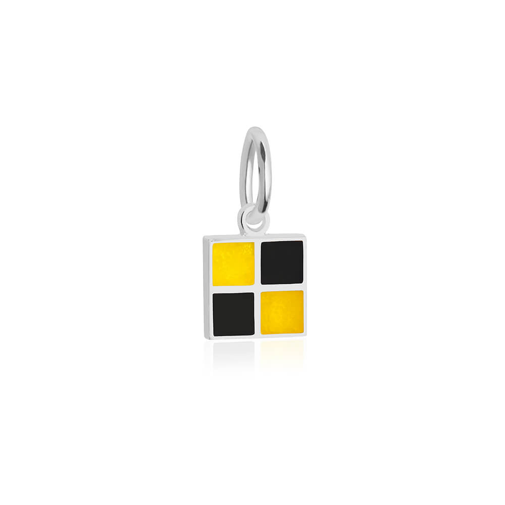 Sterling silver mini Nautical "L" letter flag charm by Jet Set Candy, featuring black and yellow enamel details on a white background.