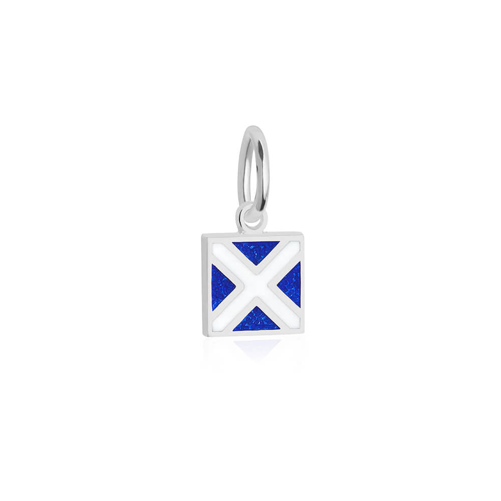 Sterling silver mini Nautical "M" letter flag charm by Jet Set Candy, showcasing blue and white enamel details on a white background.