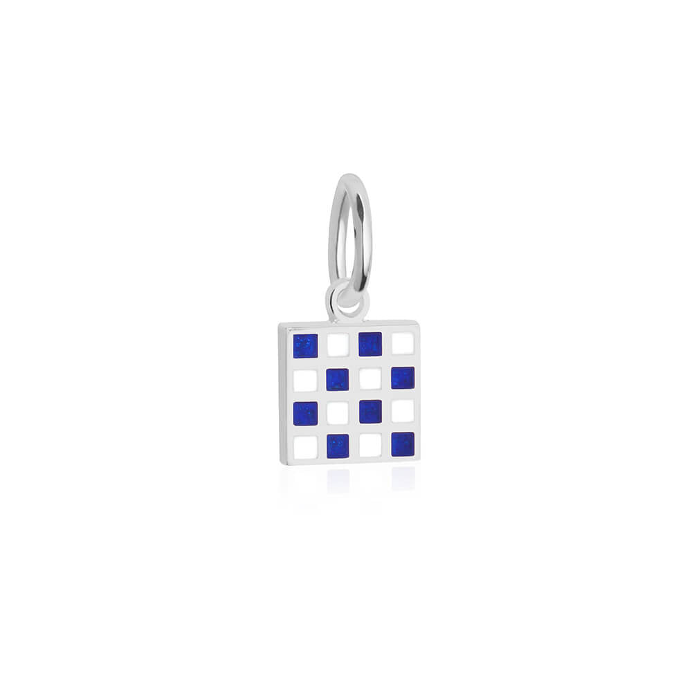 Sterling silver mini Nautical "N" letter flag charm by Jet Set Candy, with white and blue enamel details on a white background.