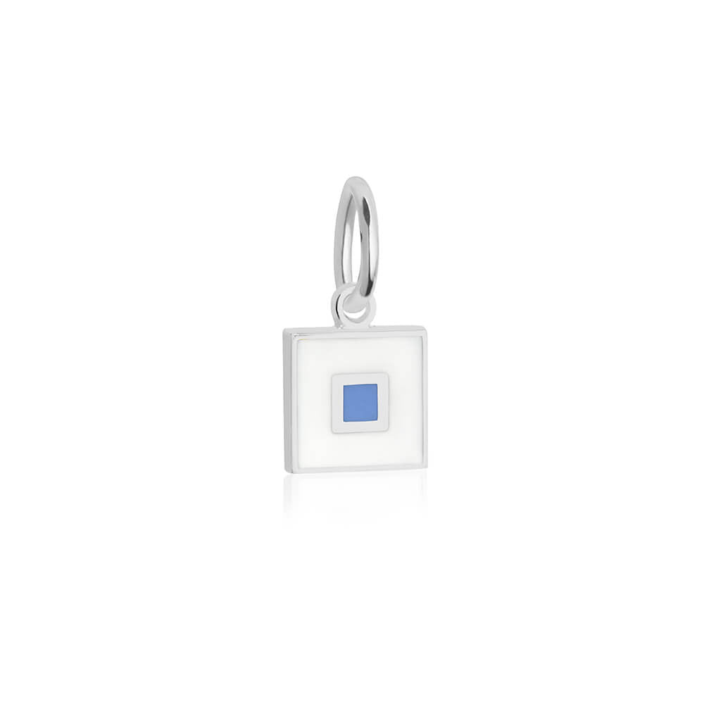 Sterling silver mini Nautical "S" letter flag charm by Jet Set Candy, designed with a subtle blue and white enamel details on a white background.