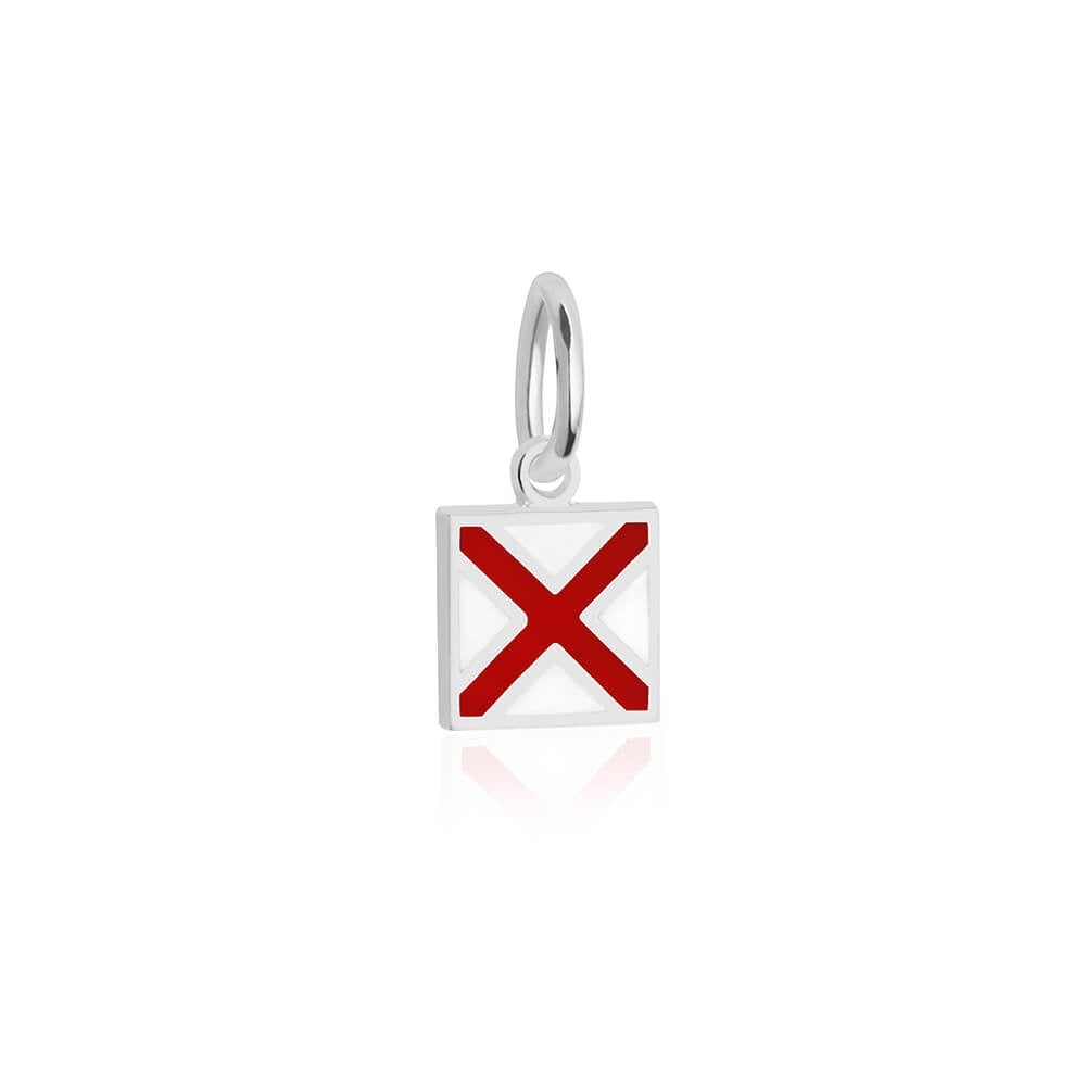 Sterling silver mini Nautical "V" letter flag charm by Jet Set Candy, with red and white enamel details on a white background.