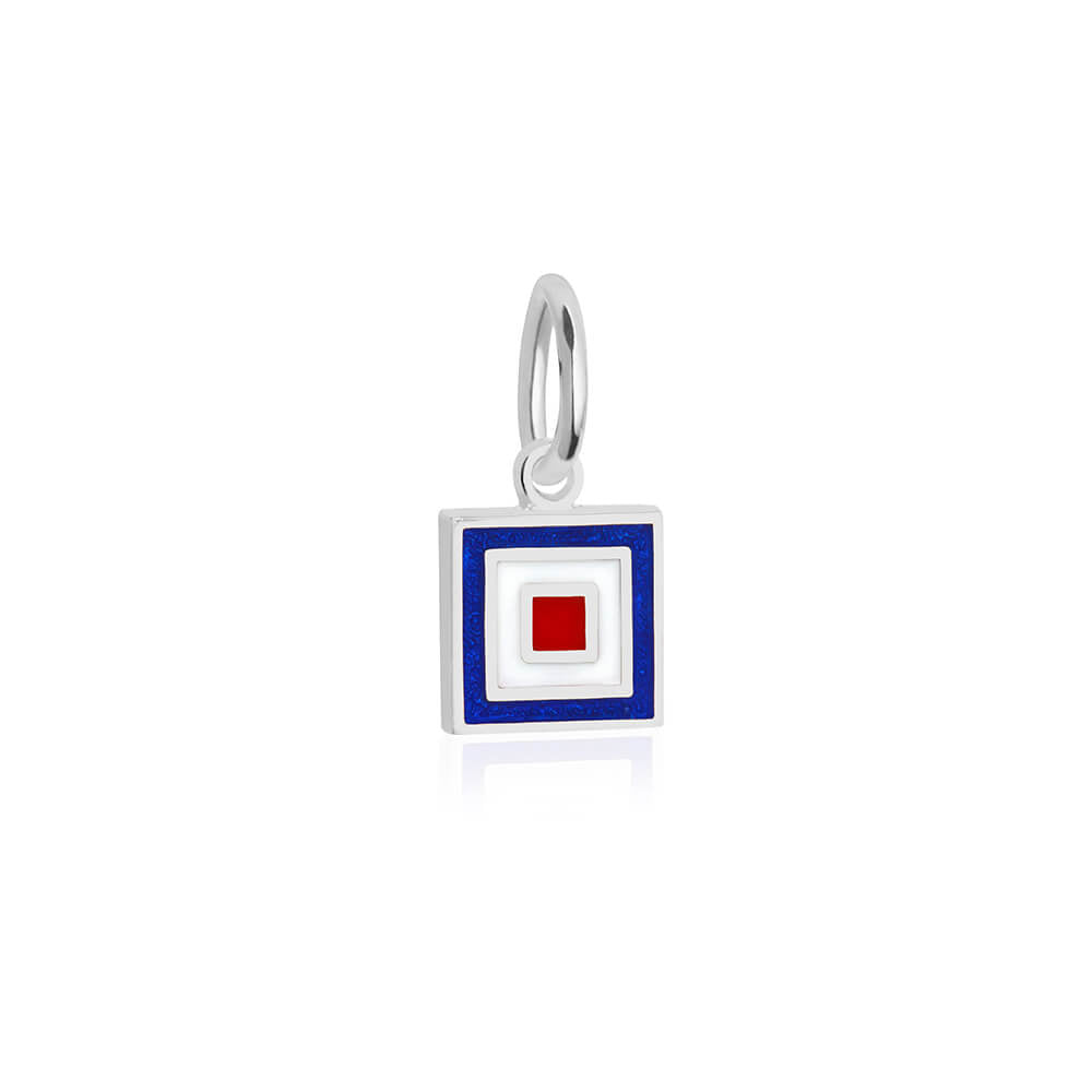 Sterling silver mini Nautical "W" letter flag charm by Jet Set Candy, featuring blue, red and white enamel details on a white background.