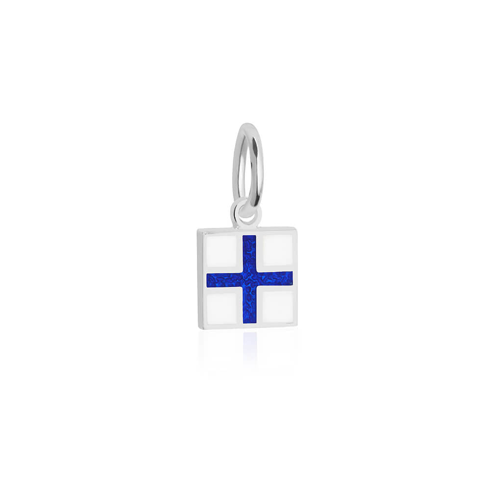 Sterling silver mini Nautical "X" letter flag charm by Jet Set Candy, featuring a stylish white and blue enamel design on a white background.