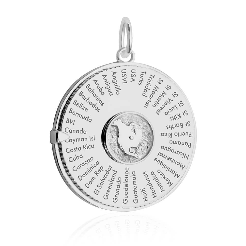 Sterling Silver spinner charm featuring a round disk engraved with various Caribbean and North American country names and locations.