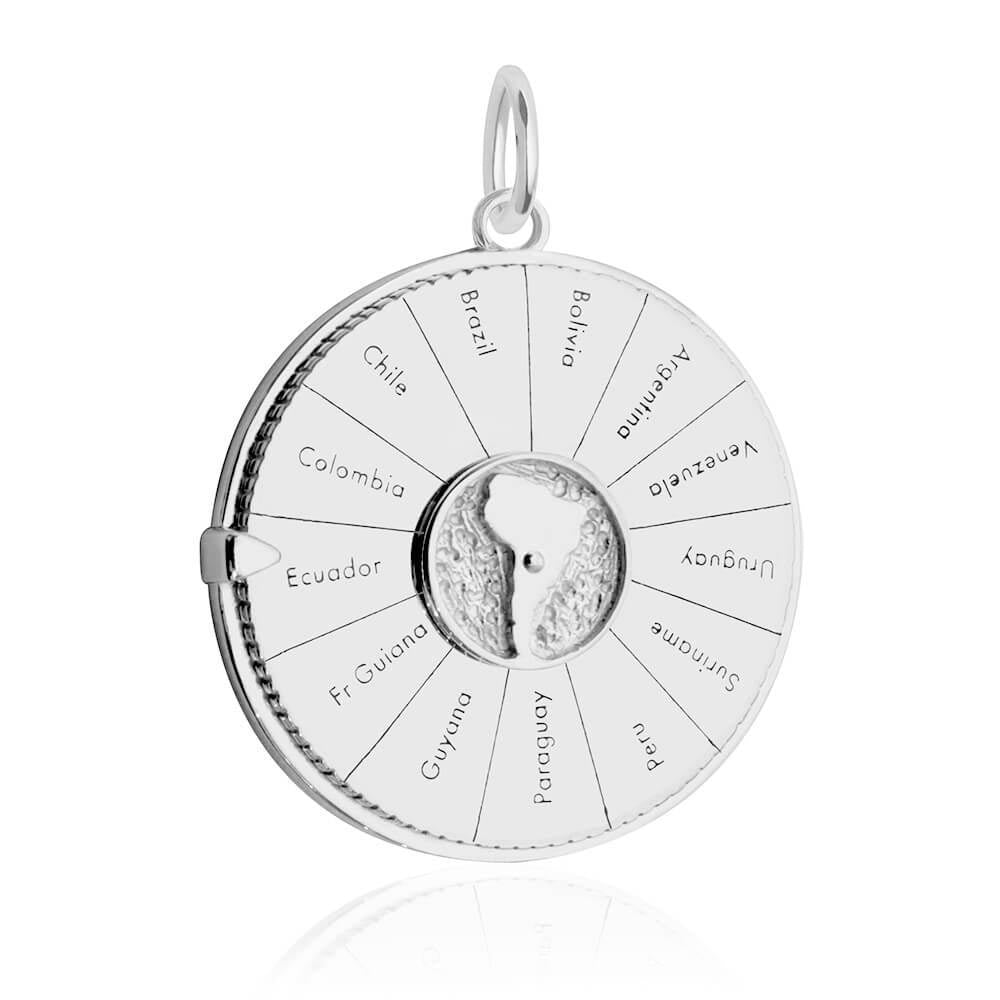 Sterling Silver spinner charm featuring a round disk with South American country names and a center continent map motif.