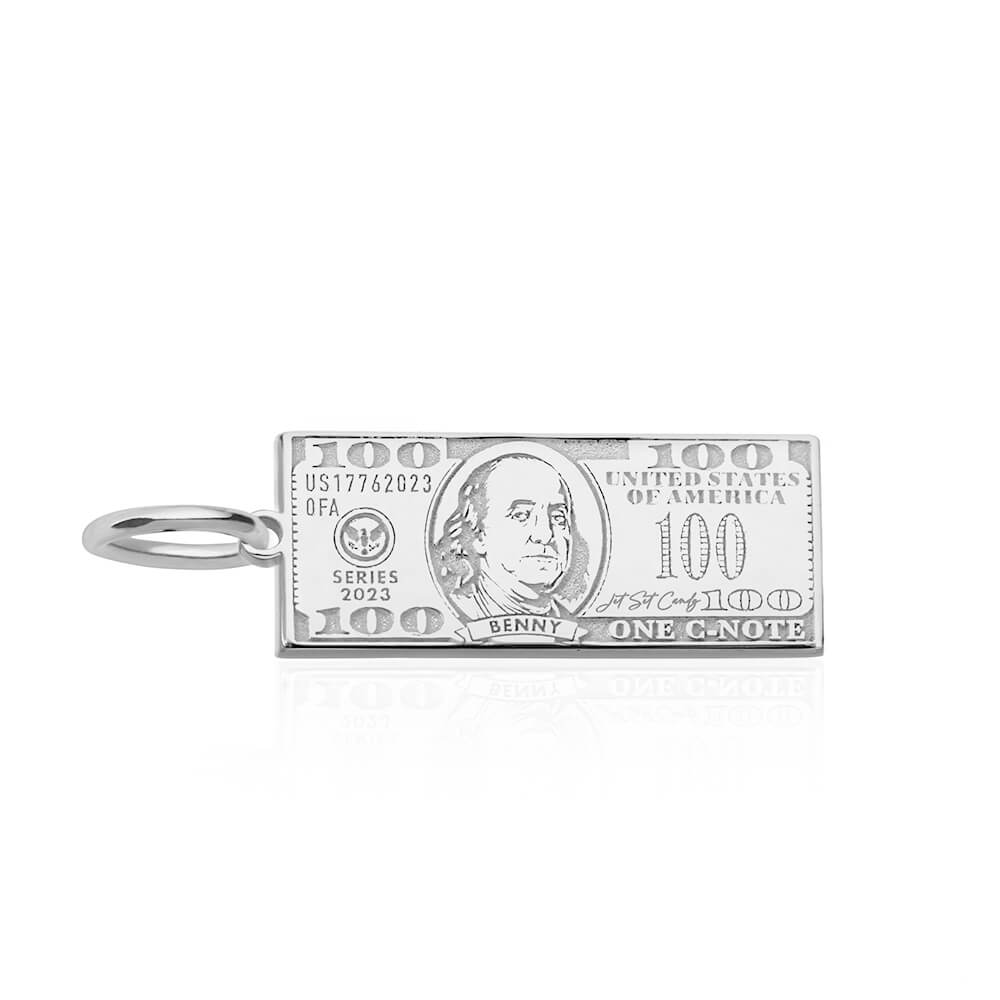 Sterling Silver Charm shaped like a one hundred dollar bill featuring Benjamin Franklin, One C-Note text, and series engraving.
