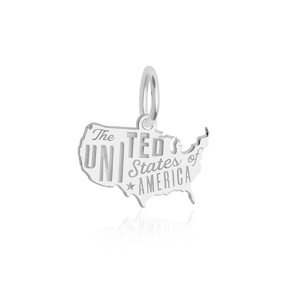 Sterling Silver Charm in the shape of the USA map featuring engraved text reading The United States of America.