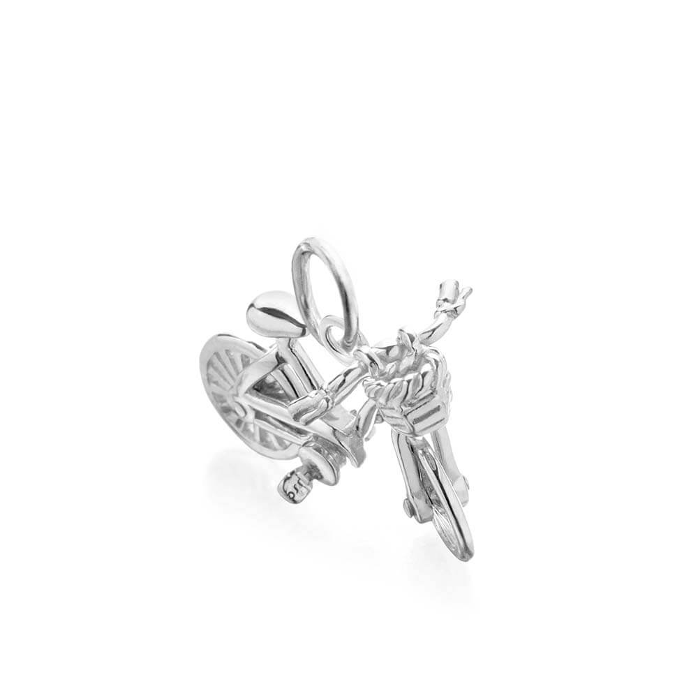Silver bike charm by Jet Set Candy, showcasing a sleek bicycle design on a white background.