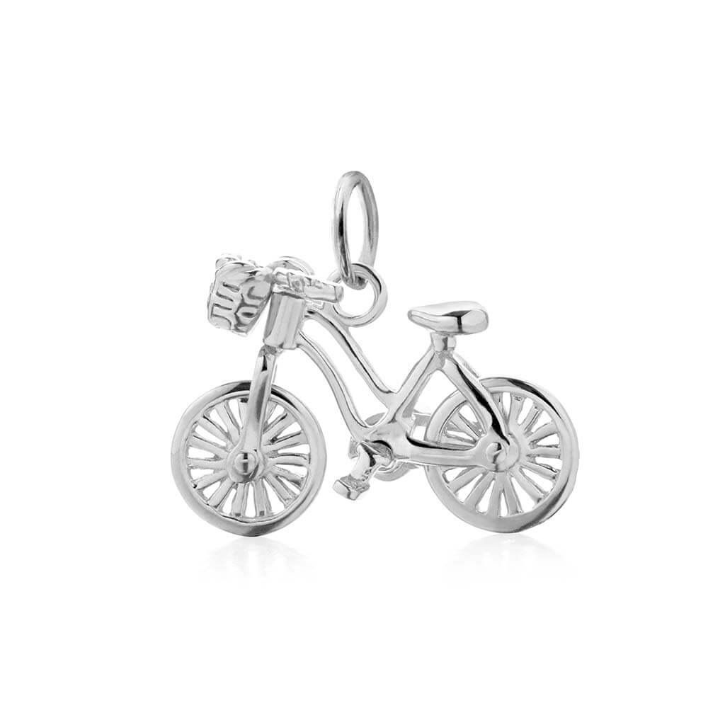 Silver bike charm by Jet Set Candy, featuring a movable wheel design on a white background.