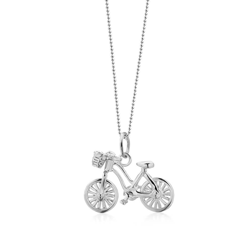 Silver bike charm necklace by Jet Set Candy, featuring a classic bicycle pendant on a white background.