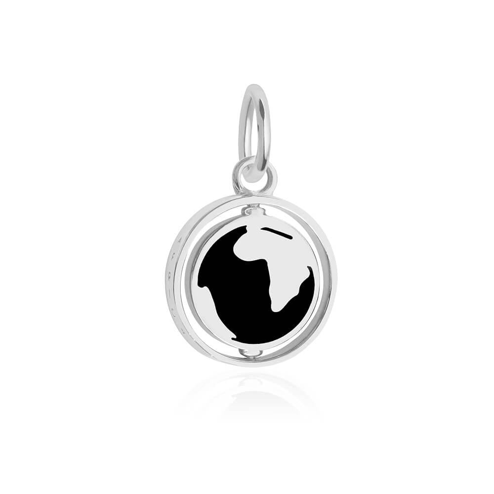 Sterling Silver spinner charm featuring a circular globe design with black Enamel continents, rotating within a polished silver frame.