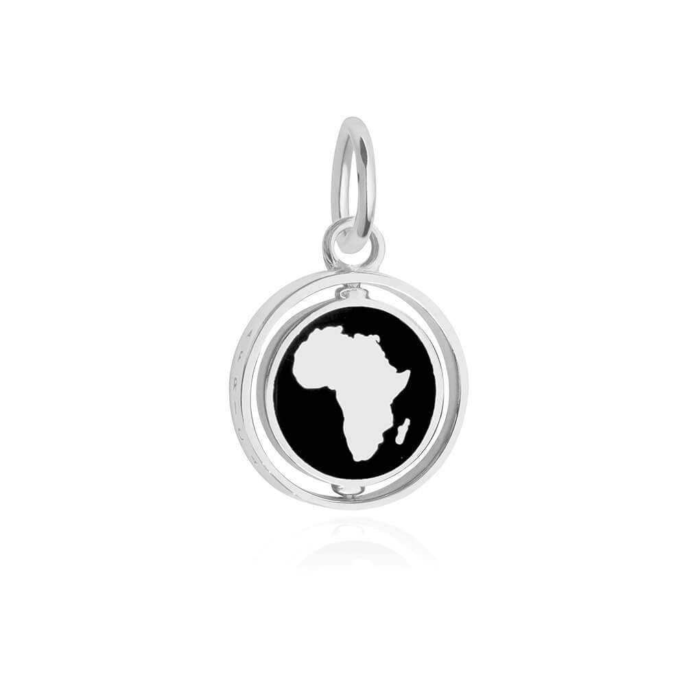 Sterling Silver Charm featuring a circular spinner design with a black Enamel Charm inlay depicting the continent of Africa.
