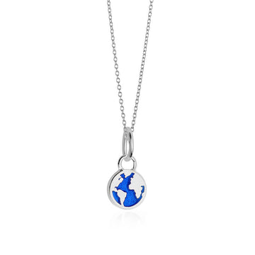 Globe Charm Blue Enamel Necklace, Silver Mini