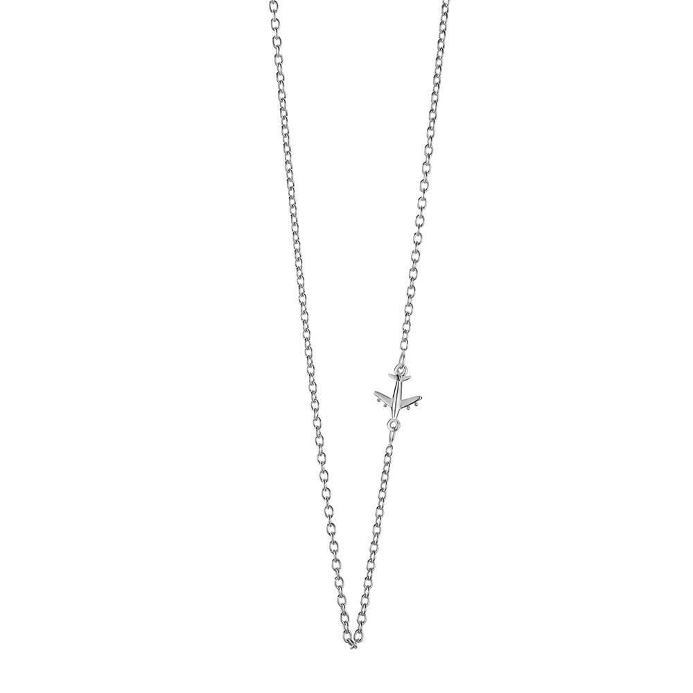 Silver adjustable cable chain with airplane charm by Jet Set Candy, featuring a travel-inspired design on a white background.