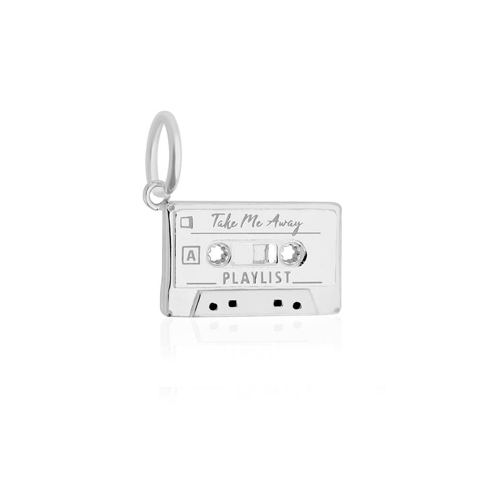 Silver cassette tape charm by Jet Set Candy, featuring 'Take Me Away' engraving on a white background.