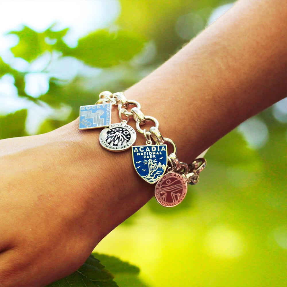 gold vermeil or solid gold infinity bracelet with individual opening links featuring multiple National Park-themed charms. The charms represent parks such as Rocky Mountain, Yosemite, Acadia, and Grand Canyon. Each charm is uniquely designed with engraved and enamel details, in various shapes including shields and circles, and vibrant colors like blue, black, and pink. 