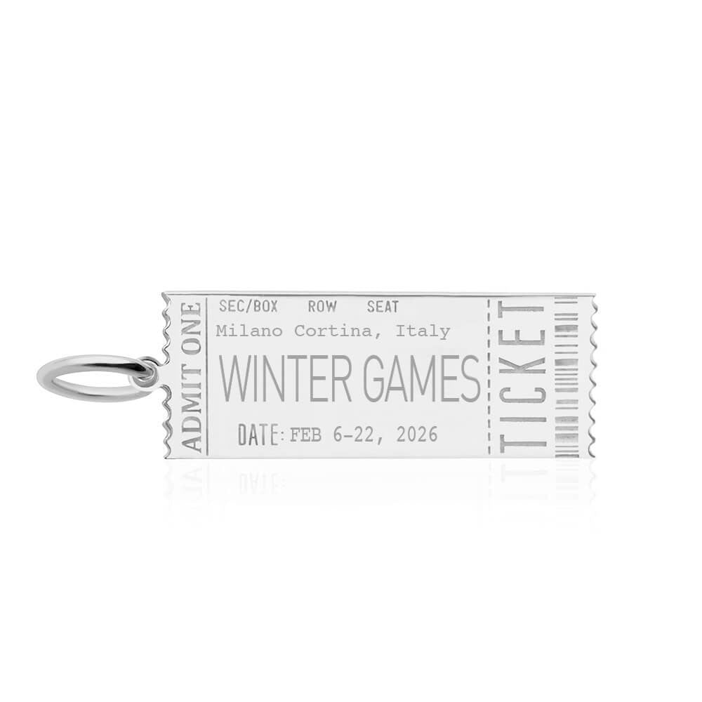 Sterling Silver rectangle ticket charm featuring Winter Games Milano Cortina Italy engraving, Admit One text, and barcode design elements.