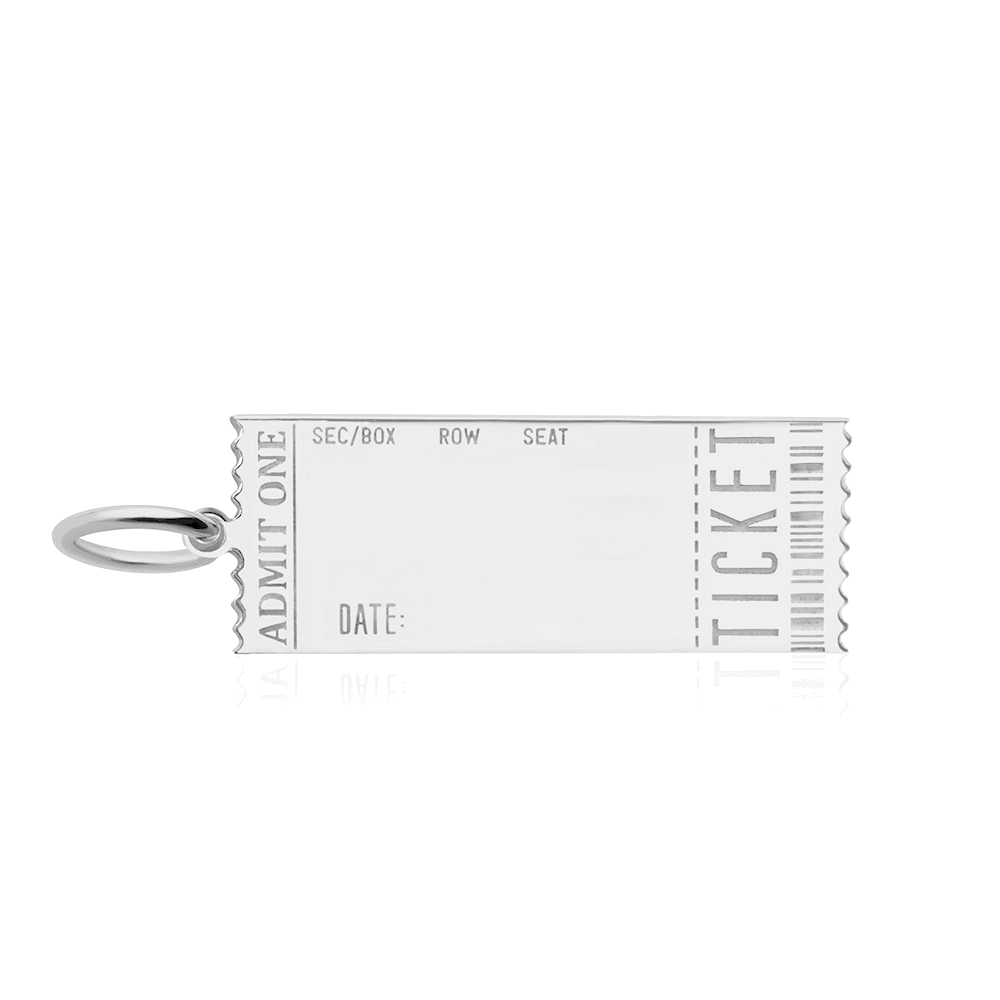 Sterling Silver ticket charm featuring Admit One engraving, scalloped edges, barcode motif, and sections for section, row, seat, and date.