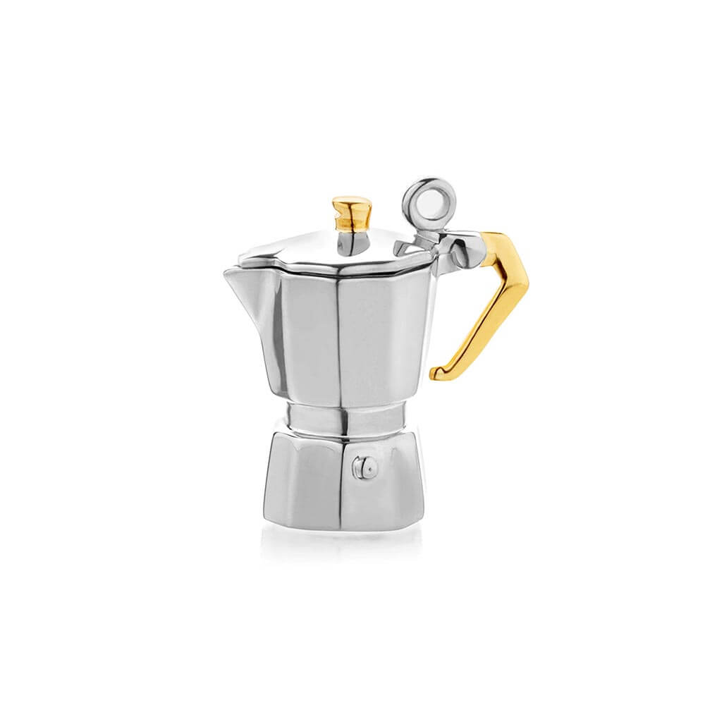 Silver and gold espresso pot charm by Jet Set Candy, featuring intricate pot details.