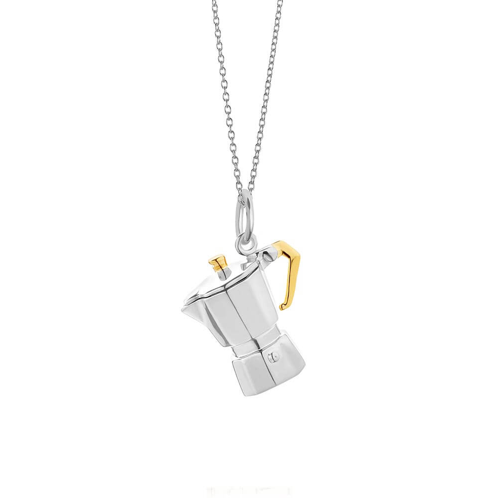 Silver and gold espresso pot charm on a sterling silver chain necklace by Jet Set Candy, displayed against a white background.