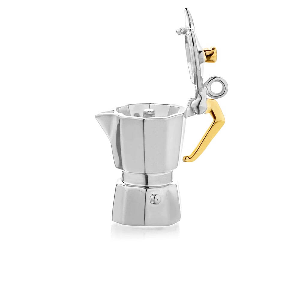 Open silver and gold espresso pot charm from Jet Set Candy, showing interior and exterior detailing.