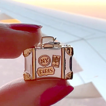Silver & Gold Vintage Suitcase Charm with Stickers