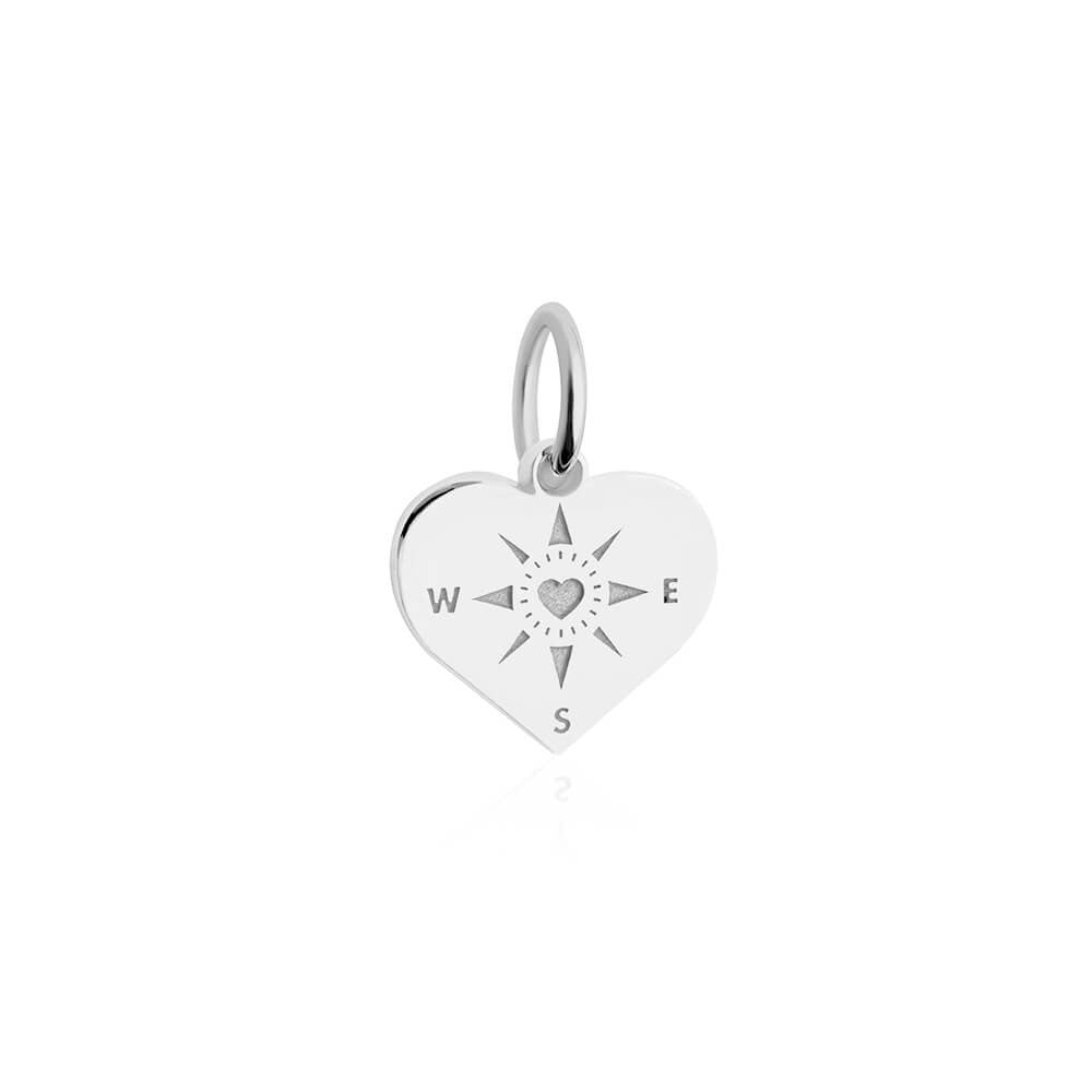 Sterling Silver heart shaped charm featuring an engraved compass rose design with a central heart and cardinal direction initials.