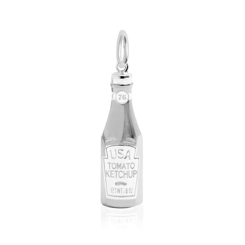 Silver ketchup bottle charm by Jet Set Candy, with engraved details on a white background.