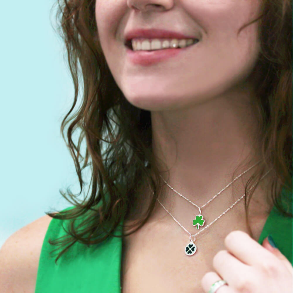 4 leaf Clover Charm Green Enamel Solid Gold Mini