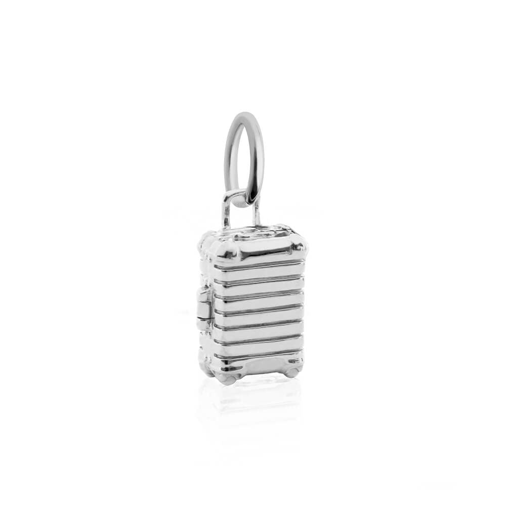 Sterling Silver Charm featuring a detailed 3D miniature suitcase design with horizontal ridges, reinforced corners, and top carry handle.