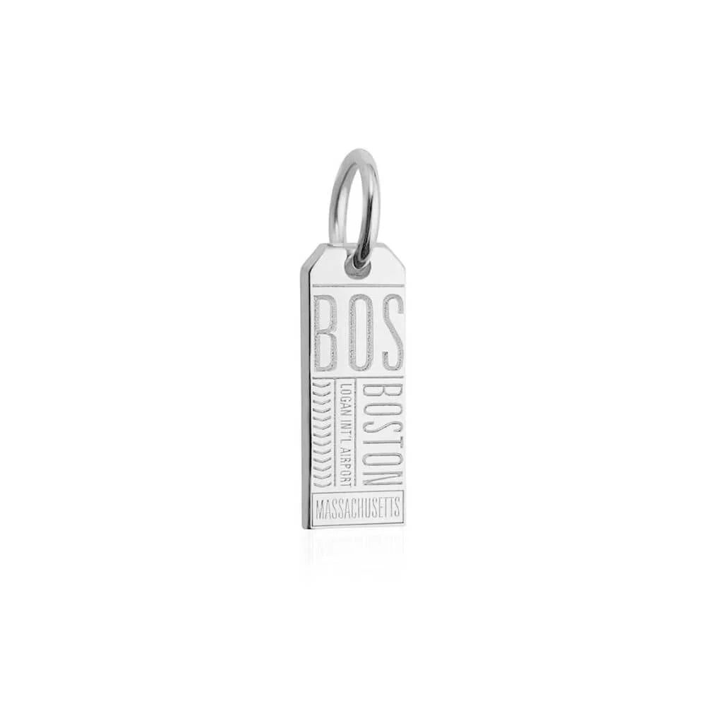 Boston Massachusetts USA BOS Luggage Tag Charm, Silver Mini