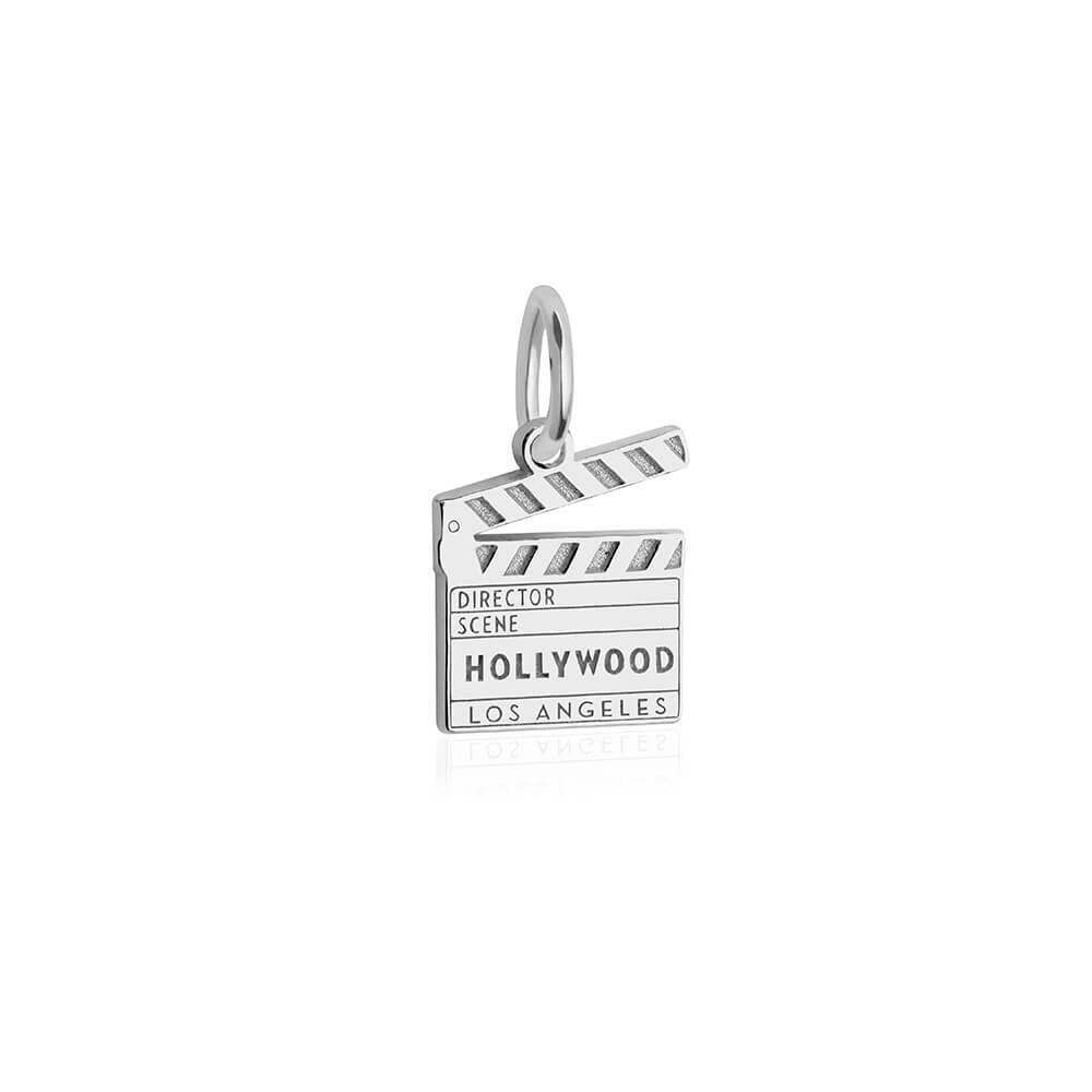 Sterling Silver movie clapperboard charm featuring engraved Hollywood and Los Angeles text with traditional striped scene slate design elements.