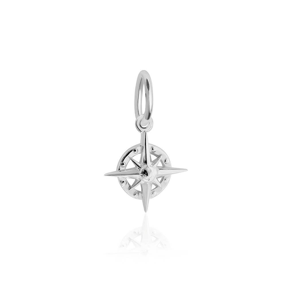 Sterling Silver charm featuring a 3D compass rose design with polished finishes, pointed star elements, and a circular frame.