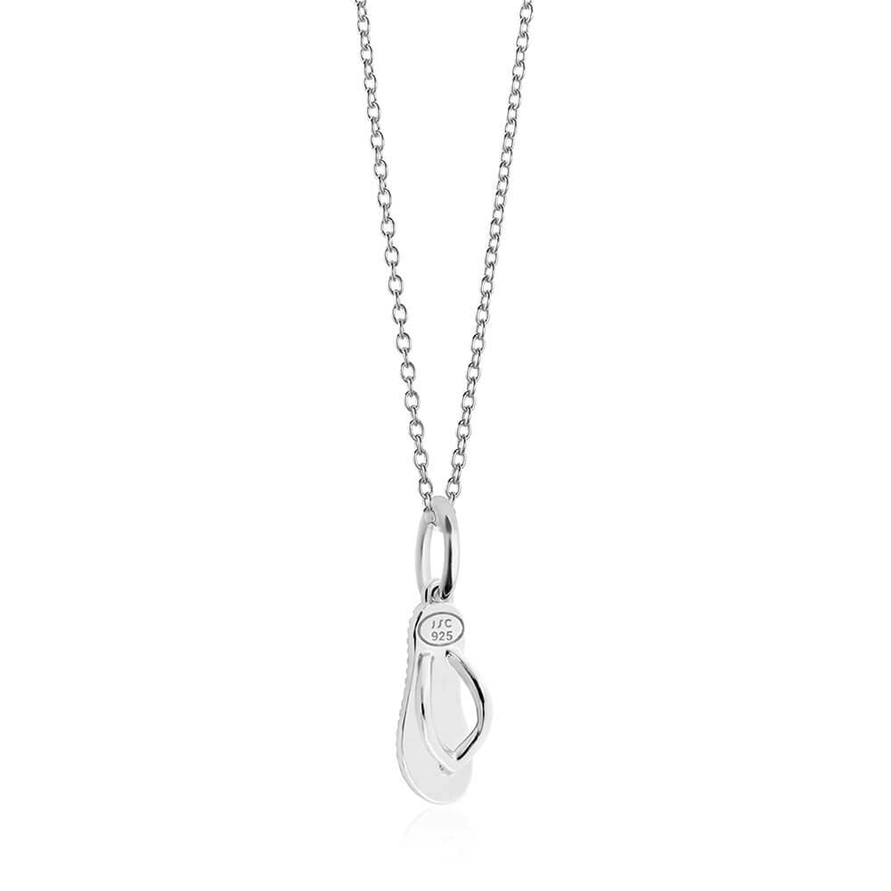 Sterling Silver flip flop charm necklace featuring a 3D sandal pendant with 925 engraving and a polished finish.