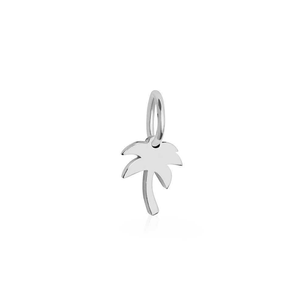 Sterling Silver palm tree charm featuring a polished finish, minimalist silhouette design, curved trunk, and a matching silver bail.