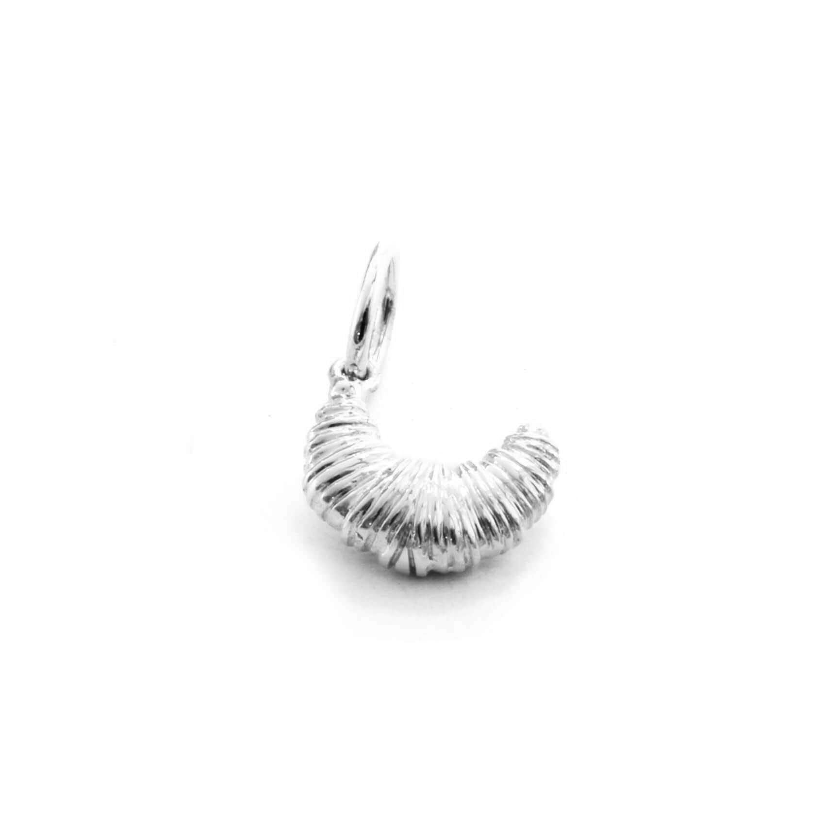 Sterling Silver charm shaped like a detailed 3D croissant with a realistic layered texture, curved pastry design, and loop.