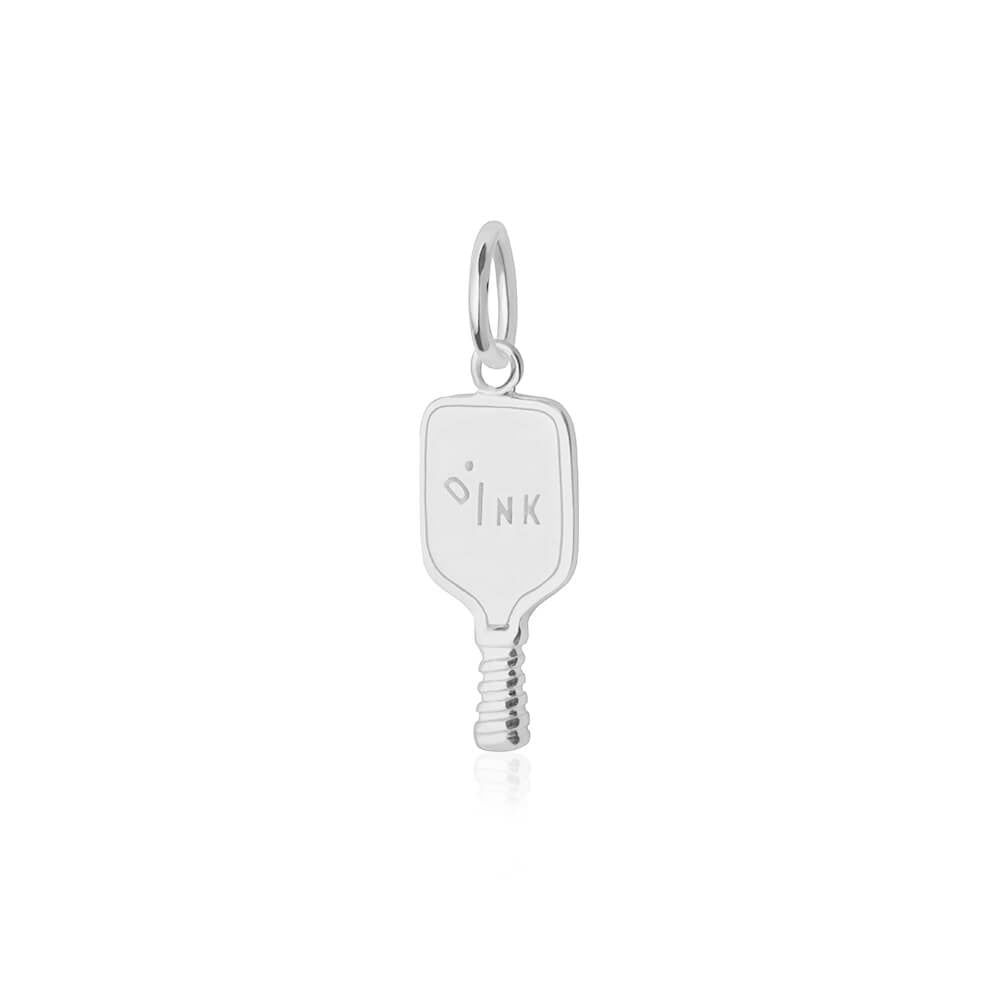 Sterling Silver pickleball paddle charm featuring a textured handle and dink engraving on a polished rectangular paddle face.