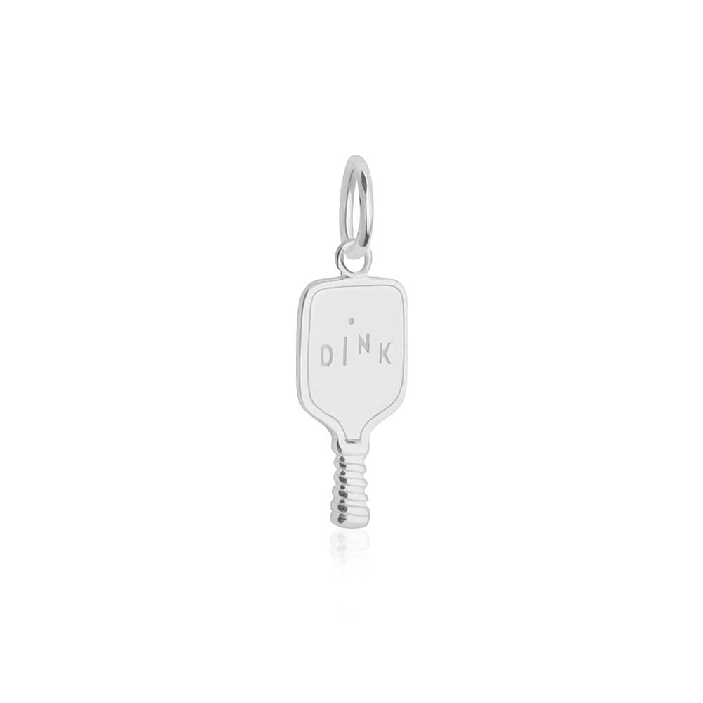 Sterling Silver pickleball paddle charm featuring DINK engraving, textured grip handle detail, and a polished 3D flat rectangular shape.