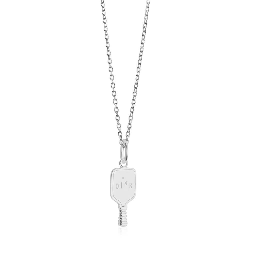 Sterling Silver pickleball paddle charm featuring DINK engraving, ball motif, and textured handle, suspended from a classic link chain.