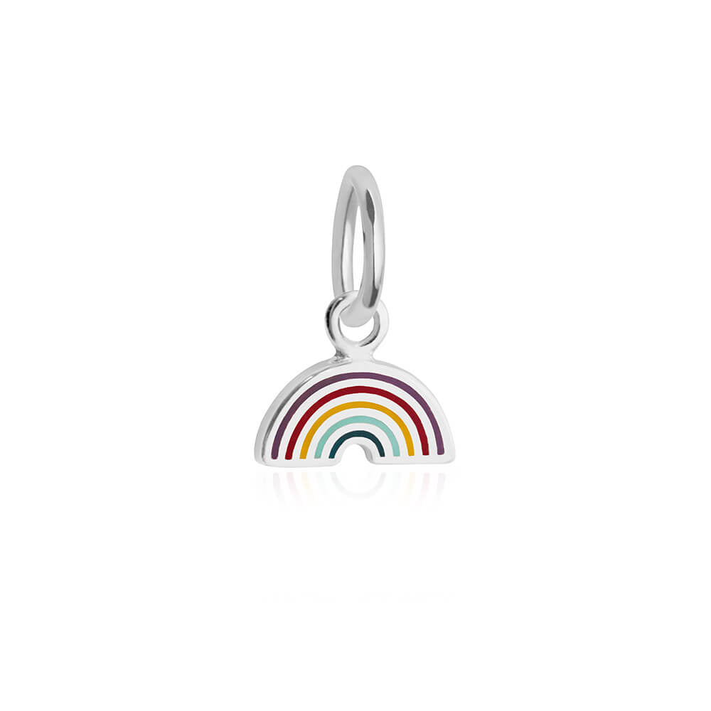 Sterling Silver Enamel Charm in a curved rainbow shape featuring colorful stripes of purple, red, yellow, and blue.