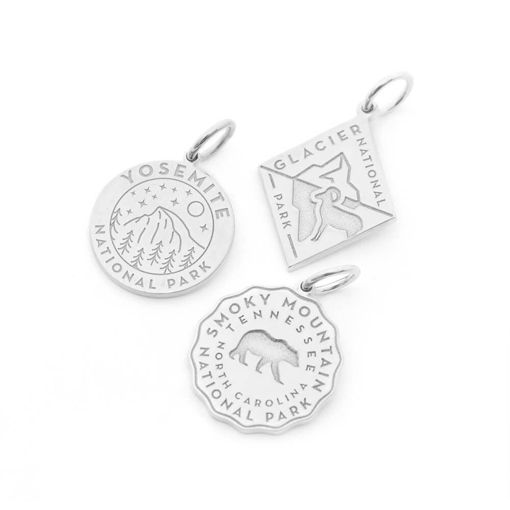 yosemite, glacier and smoky mountain national park sterling silver engraved charm