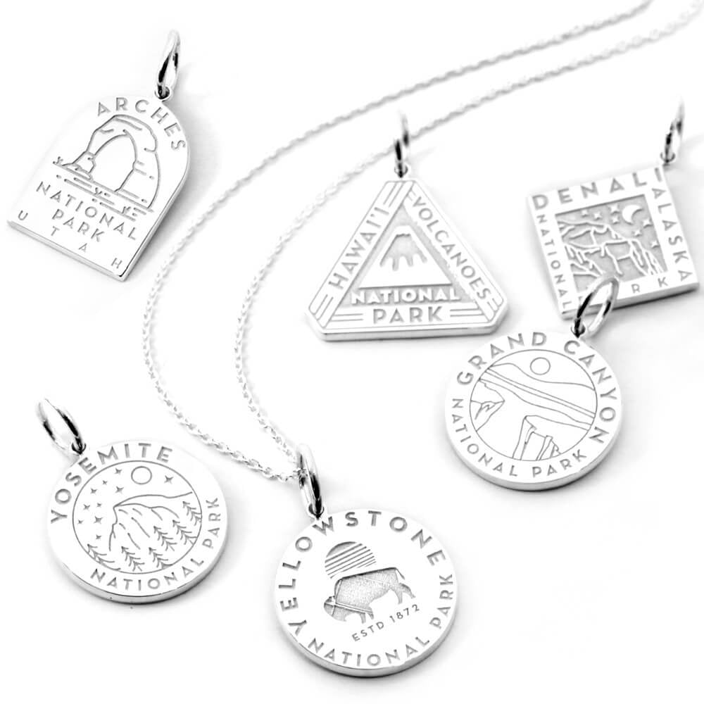 Arches, hawaii, denali, yosemite, grand canyon, and yellostone national park sterling silver charms