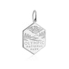  hexagonal charm with a polished sterling silver border and a matte silver background. The charm features raised, polished sterling silver illustrations of a mountain range, evergreen trees, and a winding river. Below the illustration, the text 