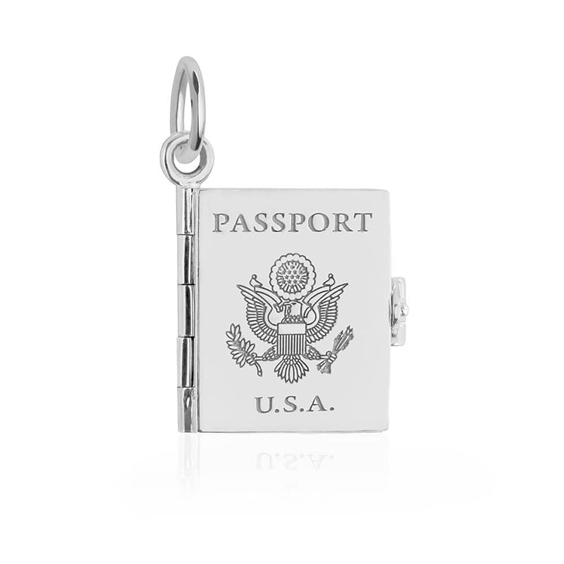 Sterling Silver Charm shaped like a U.S.A. passport book featuring the American eagle crest, Passport text, and hinged design.